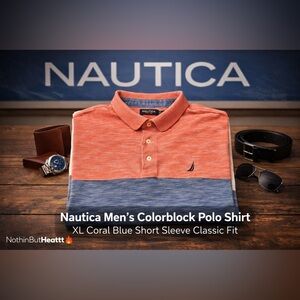 Nautica Men’s Colorblock Polo Shirt XL Coral Blue Short Sleeve Classic Fit